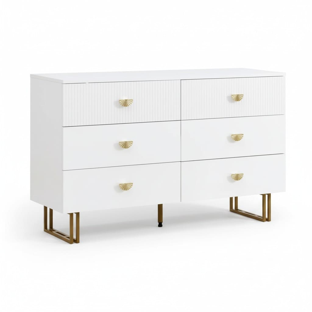 Buffet blanc 6 tiroirs avec accents dorés – HomeVelio