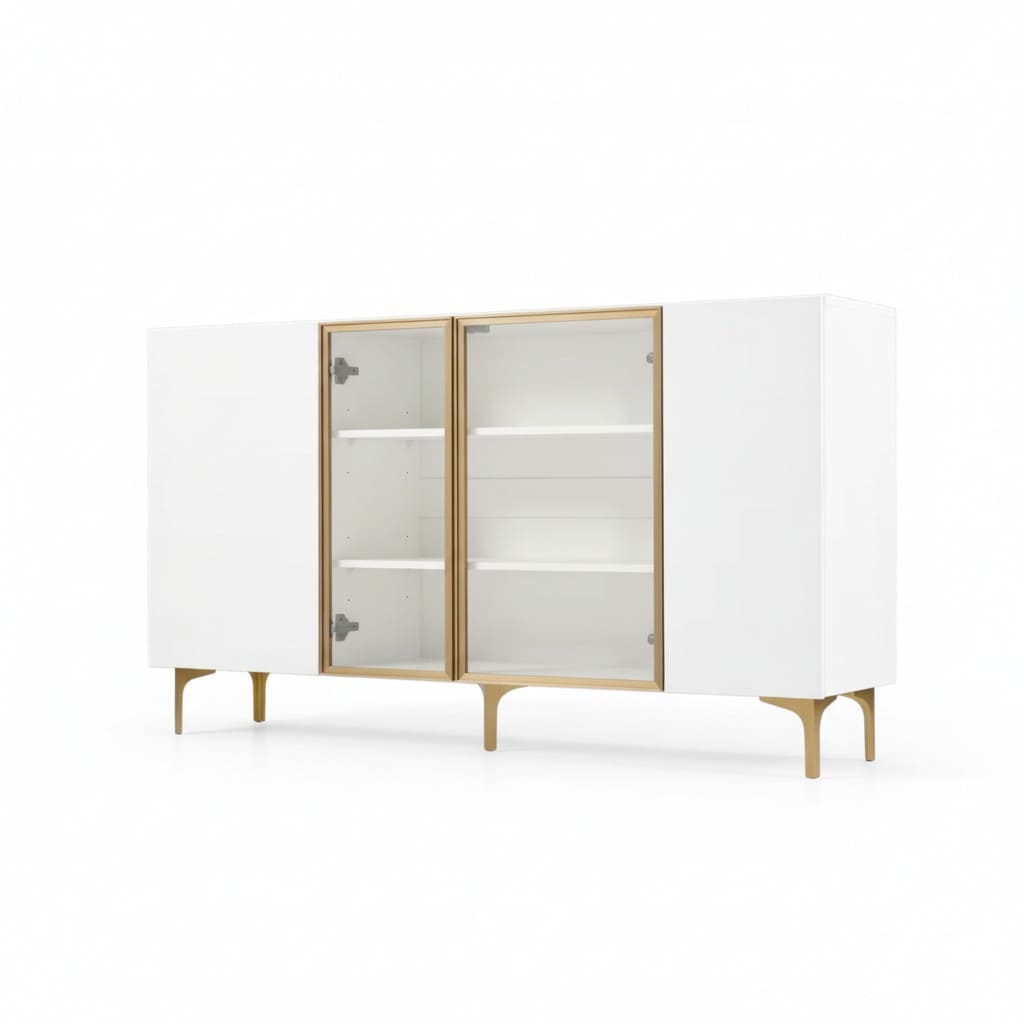 Buffet blanc 4 portes avec verre et métal – HomeVelio