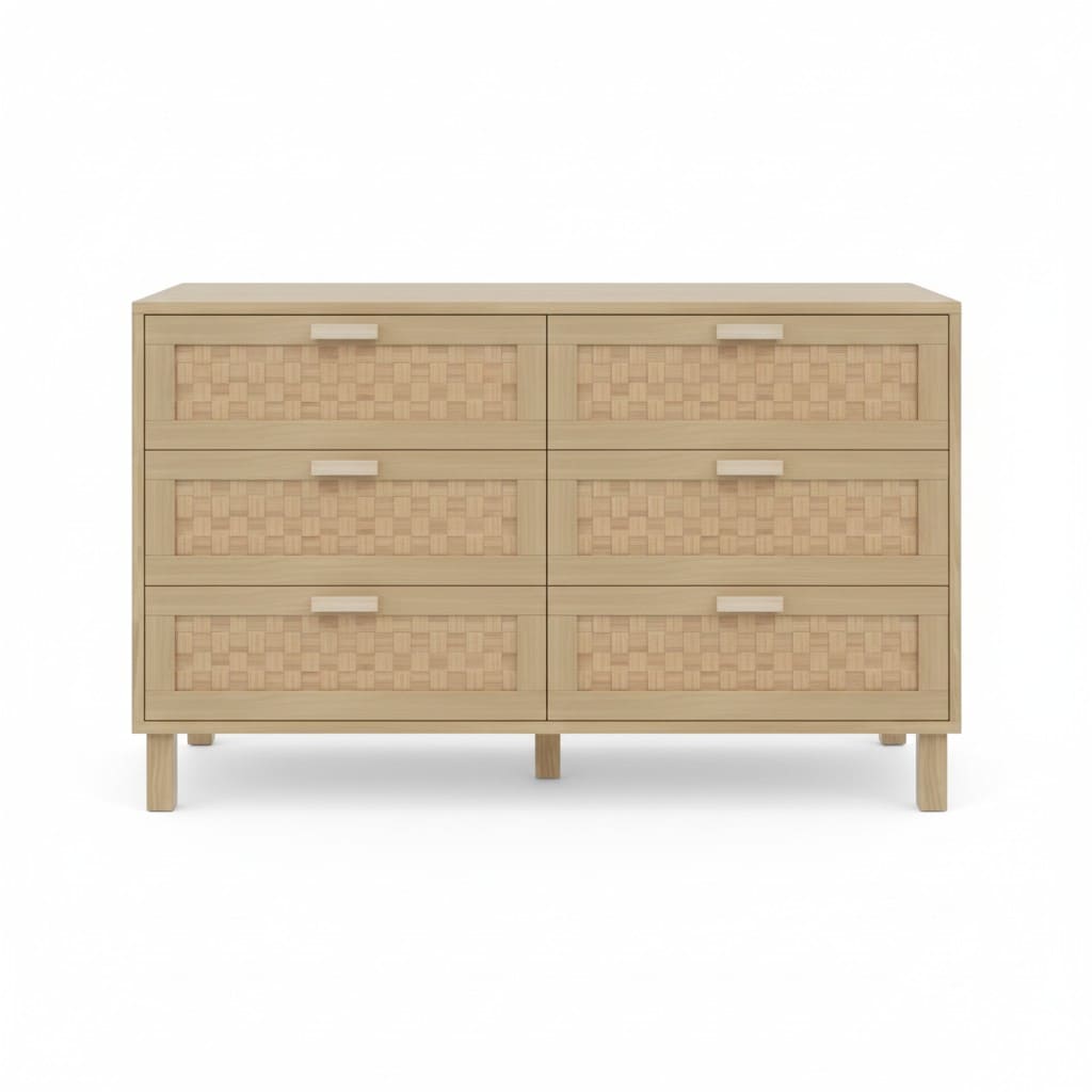 Buffet bois naturel 6 tiroirs avec façade effet osier – HomeVelio