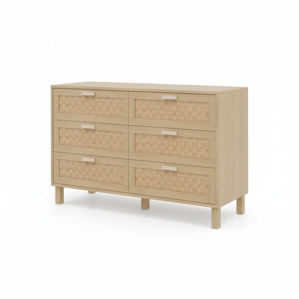 Buffet bois naturel 6 tiroirs avec façade effet osier – HomeVelio