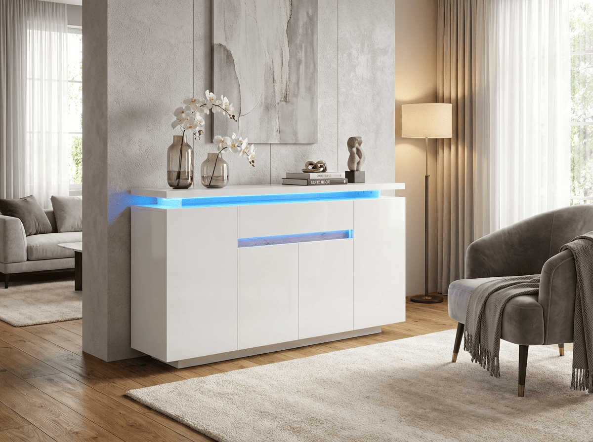 Buffet blanc avec éclairage LED, 4 portes et 1 tiroir 140x40x80 cm – HomeVelio