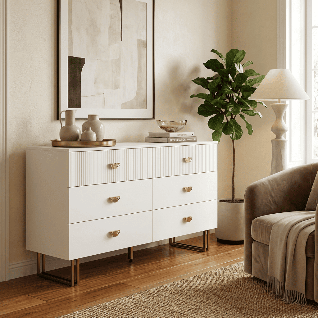 Buffet blanc 6 tiroirs avec accents dorés – HomeVelio