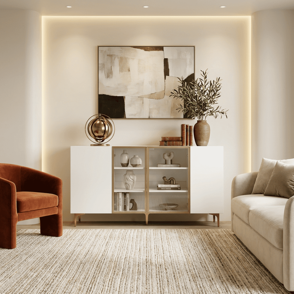 Buffet blanc 4 portes avec verre et métal – HomeVelio