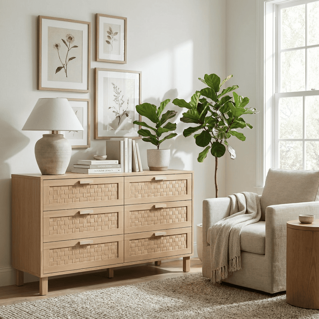 Buffet bois naturel 6 tiroirs avec façade effet osier – HomeVelio