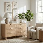 Buffet bois naturel 6 tiroirs avec façade effet osier – HomeVelio